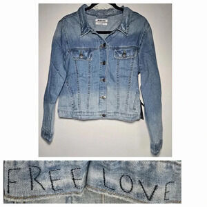 One Teaspoon Blue‎ Jane Rock n Roller Denim Distressed Trucker Jacket Free Love
